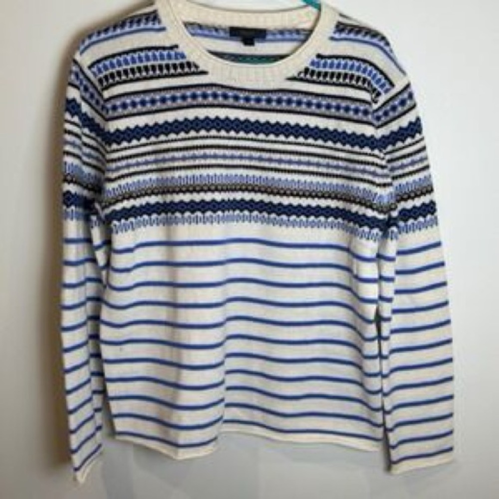 J. Crew Women's White and Blue Striped Crewneck Sweater